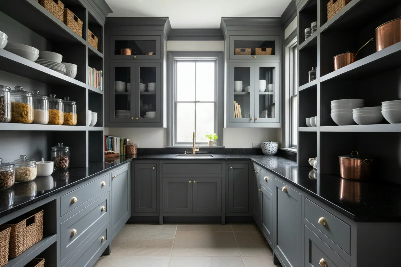 Butler pantry of floor to ceiling wooden shelving and cabinets in painted charcoal