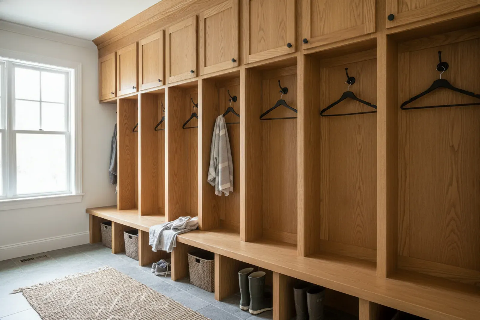 Mudroom of built-in wooden lockers with a bench and coat hooks in warm stained oak