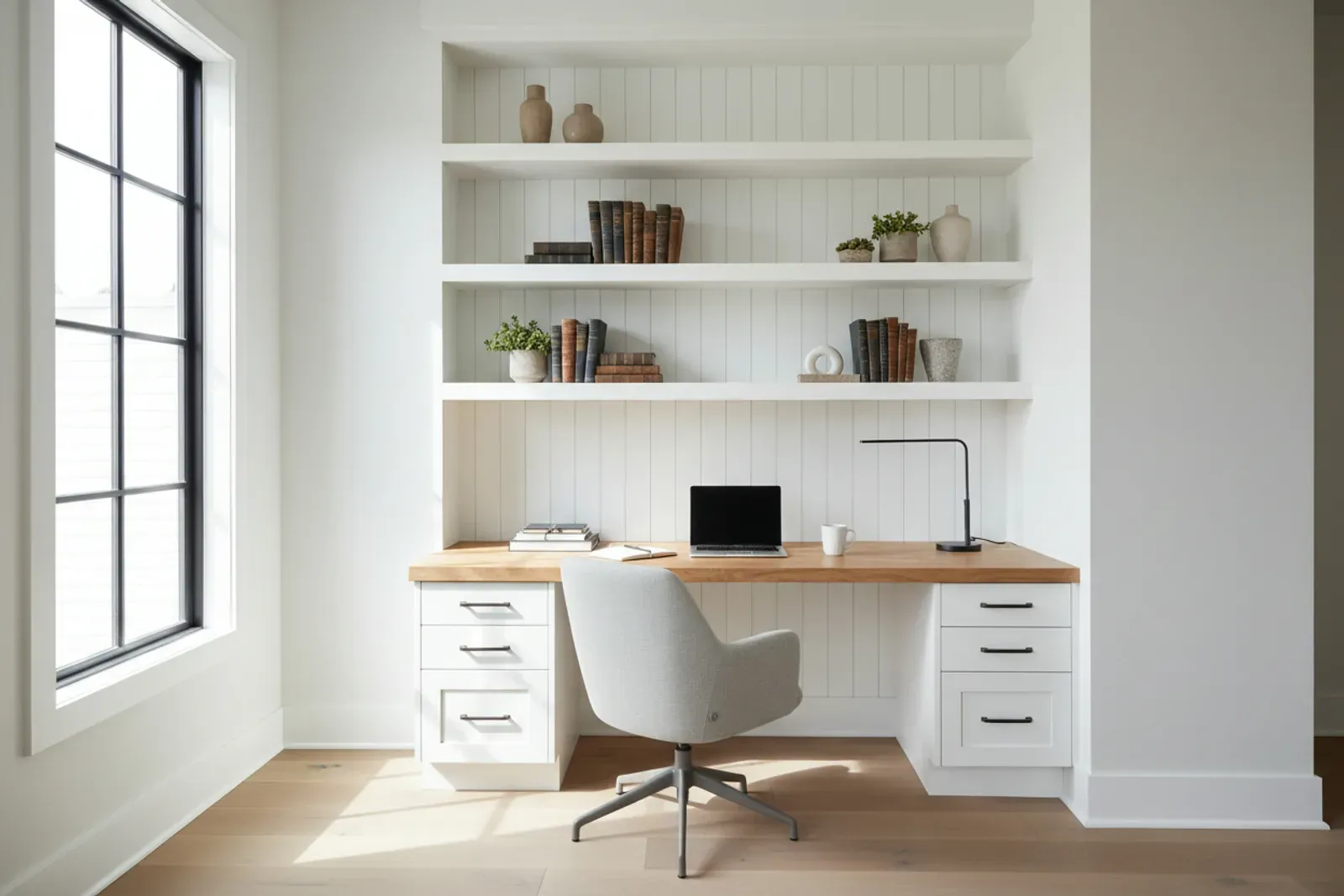 Home office with a built-in desk and upper shelving painted soft white