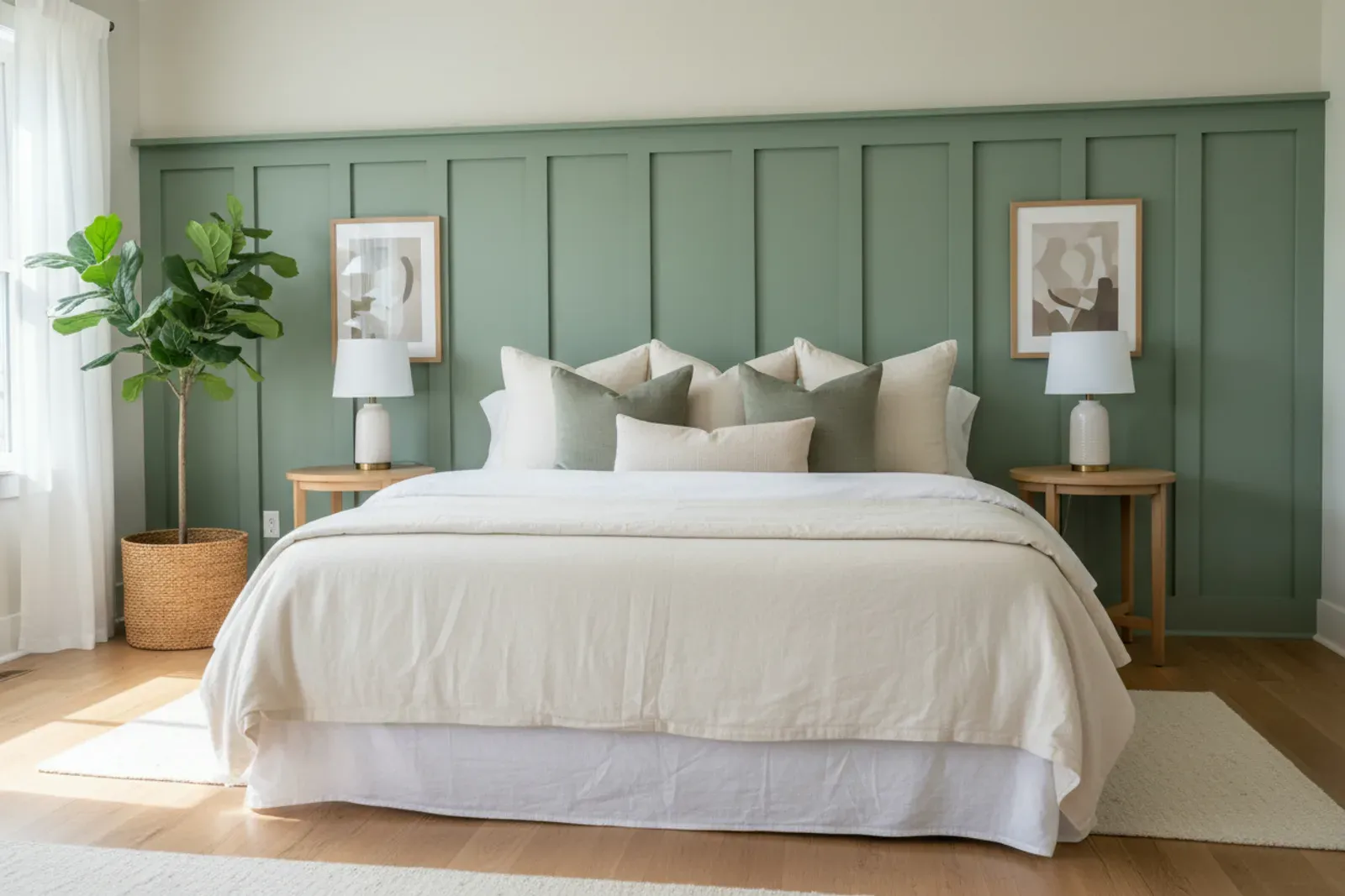 Bedroom wall of board and batten panelling behind the bed in painted sage green