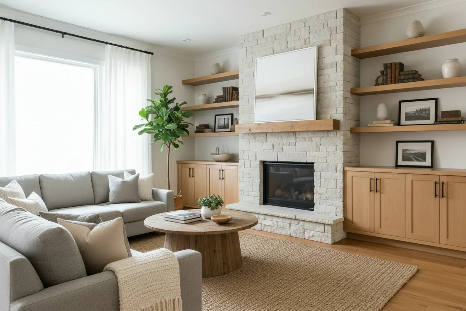 Living room with built-in cabinets and shelving flanking a fireplace in white oak with black hardware