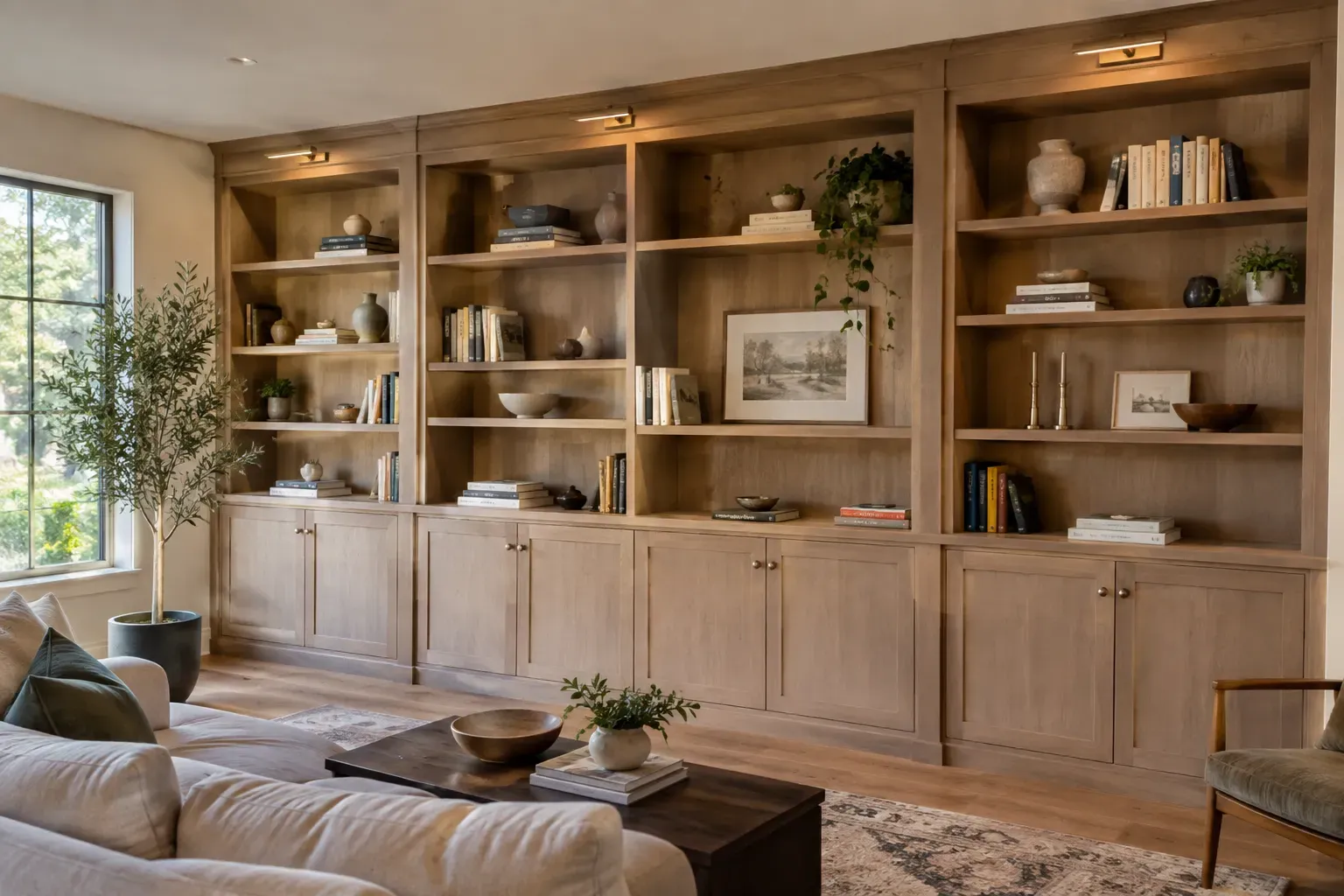 Full wall of light oak built-in bookcases with open shelves of books and decor above Shaker lower cabinets