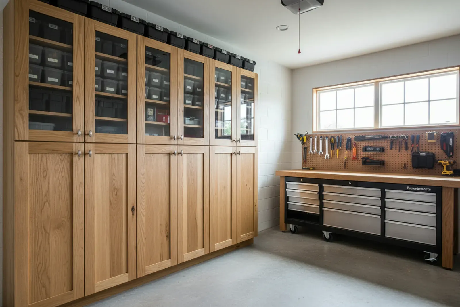 Garage wall of tall storage cabinets beside a workbench