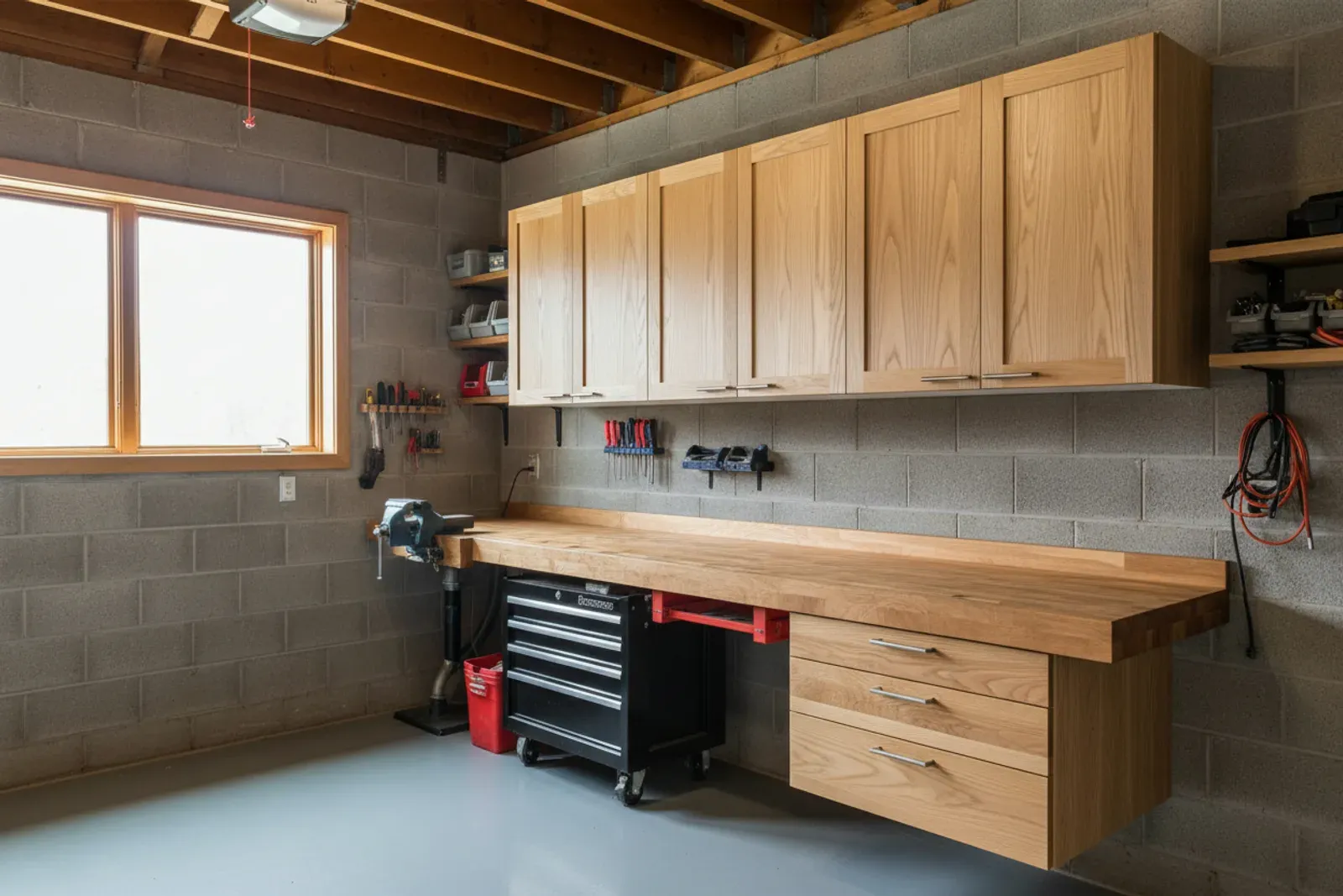Garage cabinets mounted on a block wall above a work surface