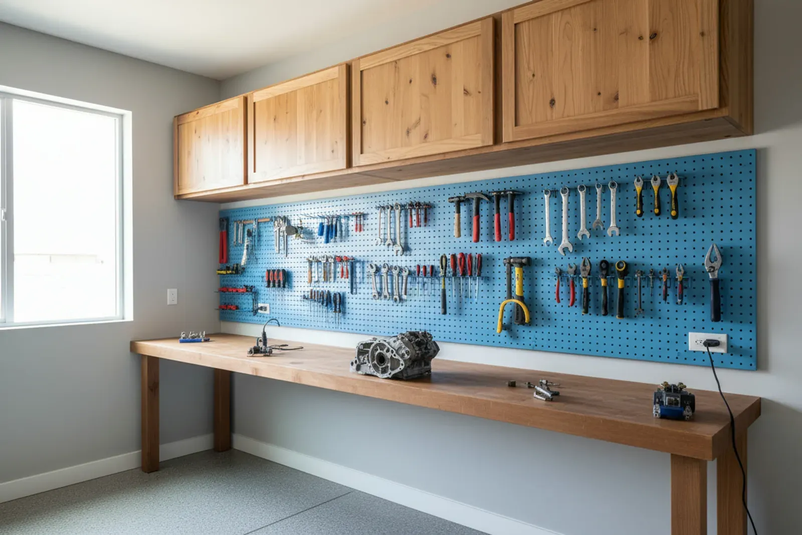 Garage with overhead cabinets and a pegboard tool wall