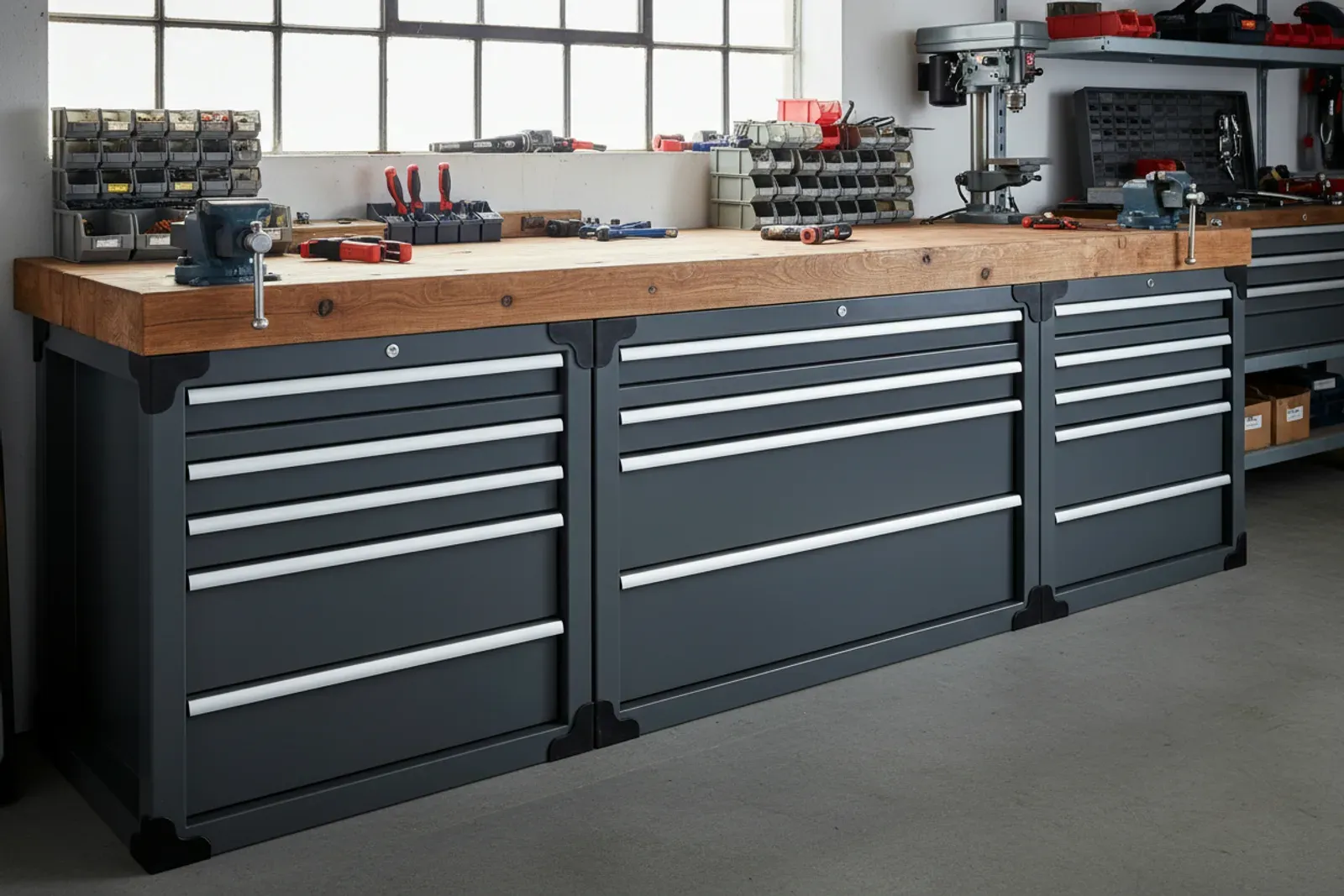 Heavy duty garage drawers under a workbench