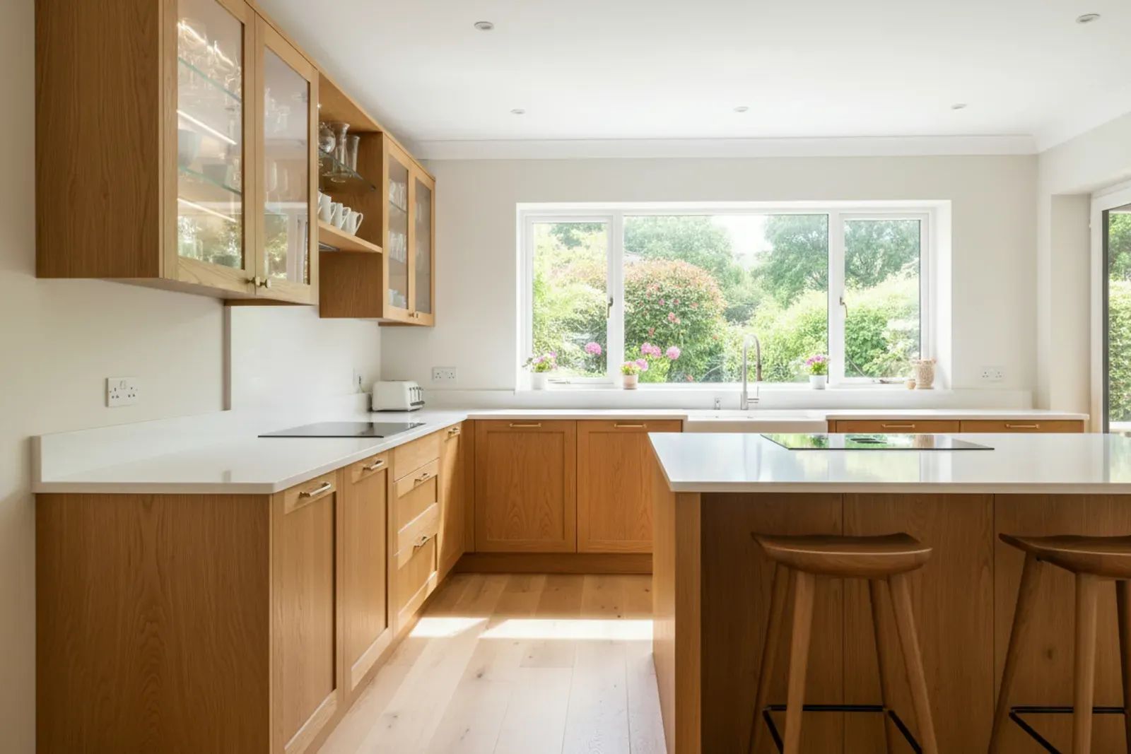 Kitchen with glass front upper cabinets lit from inside