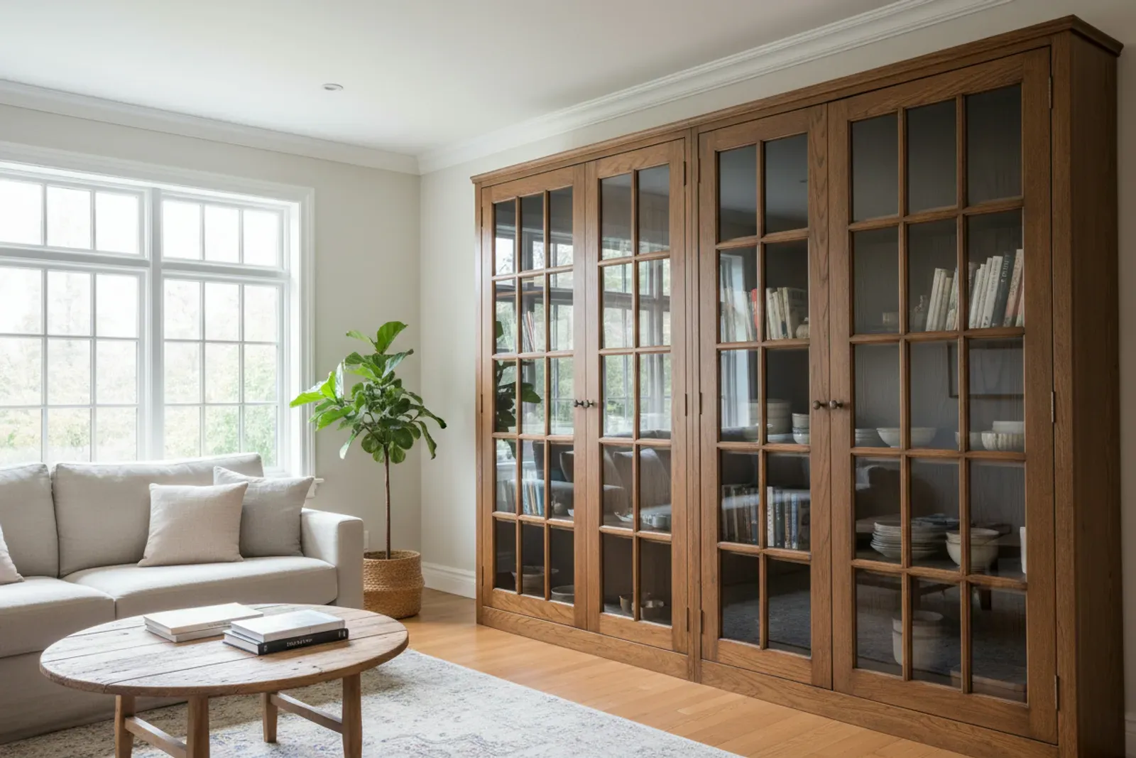 Mullion glass door with divided panes on a cabinet