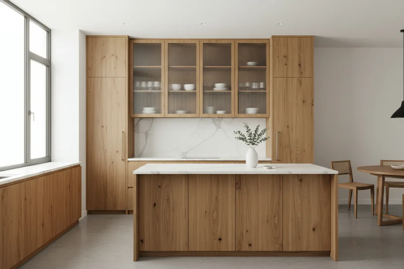 Reeded glass cabinet doors that obscure what is behind them