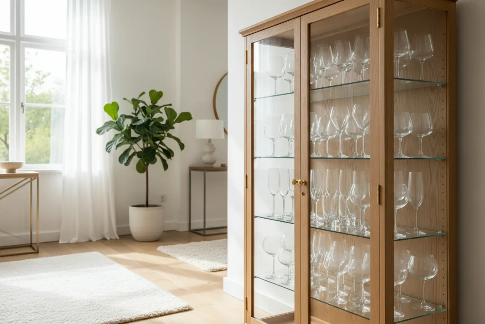 Glass front cabinet displaying stemware