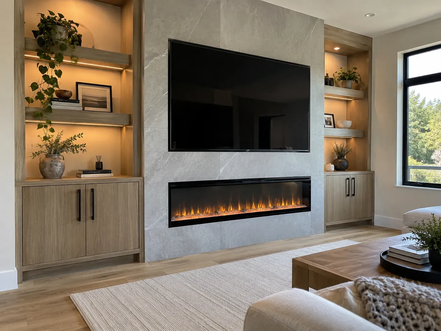 Gray large-format tile fireplace wall with linear electric fireplace, recessed TV and light oak built-ins