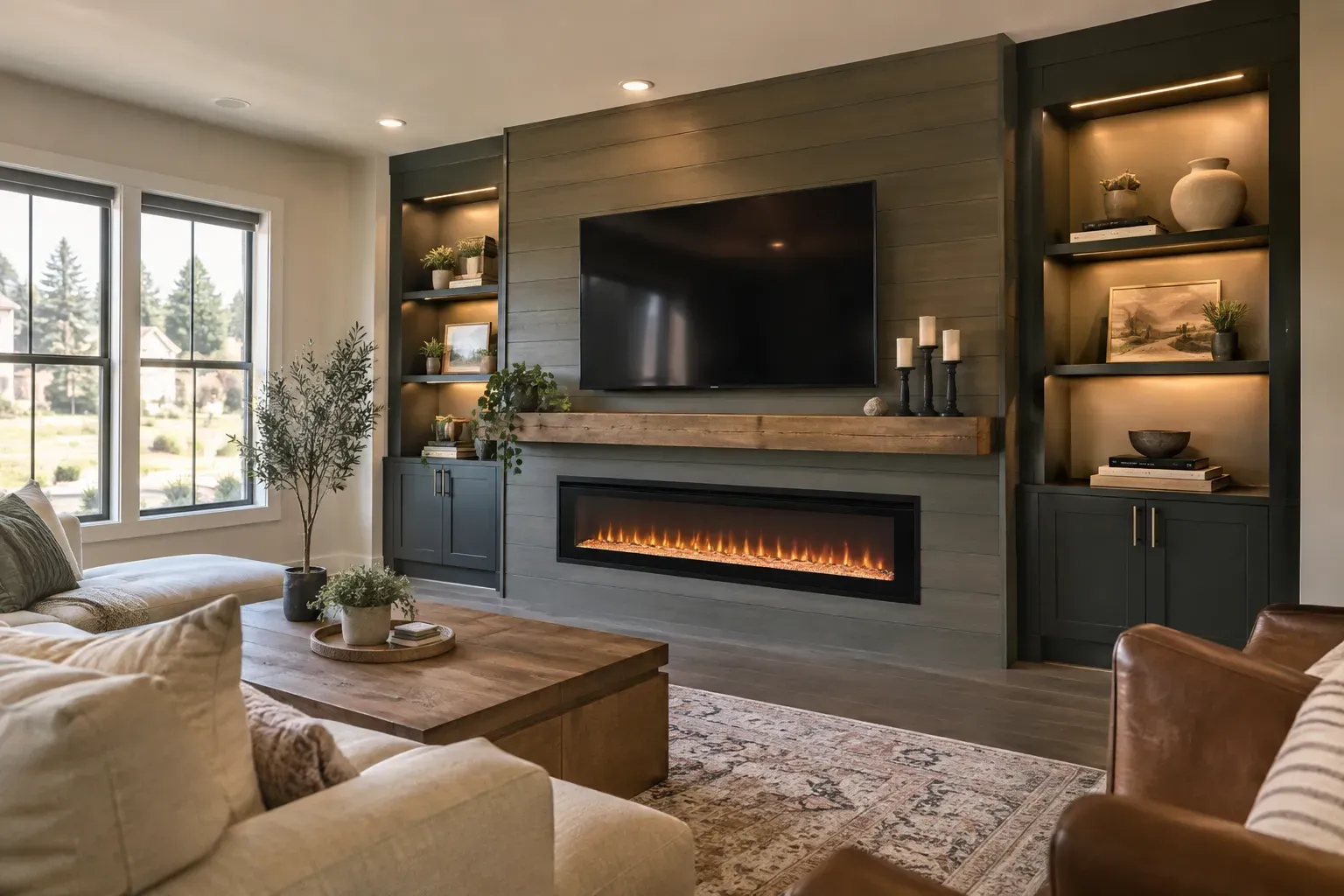Gray plank media wall with linear electric fireplace, rustic wood mantel and charcoal built-ins with lit shelves