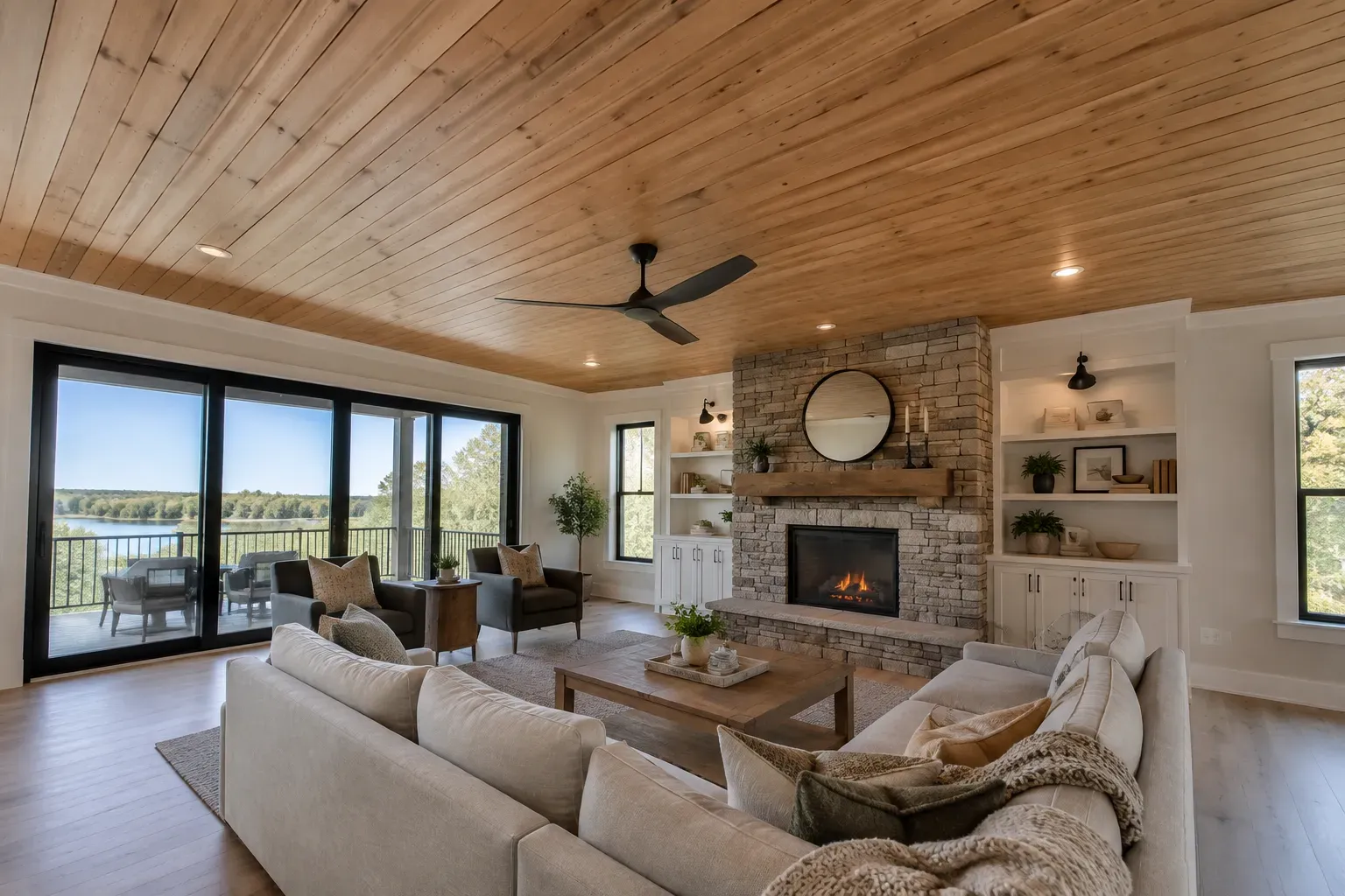 Great room with a natural pine tongue and groove ceiling, stone fireplace and sliding doors to a lake view deck