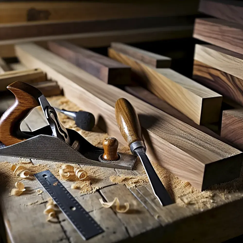 Hand plane, chisel and steel rule resting on wood shavings beside stacked walnut and oak boards