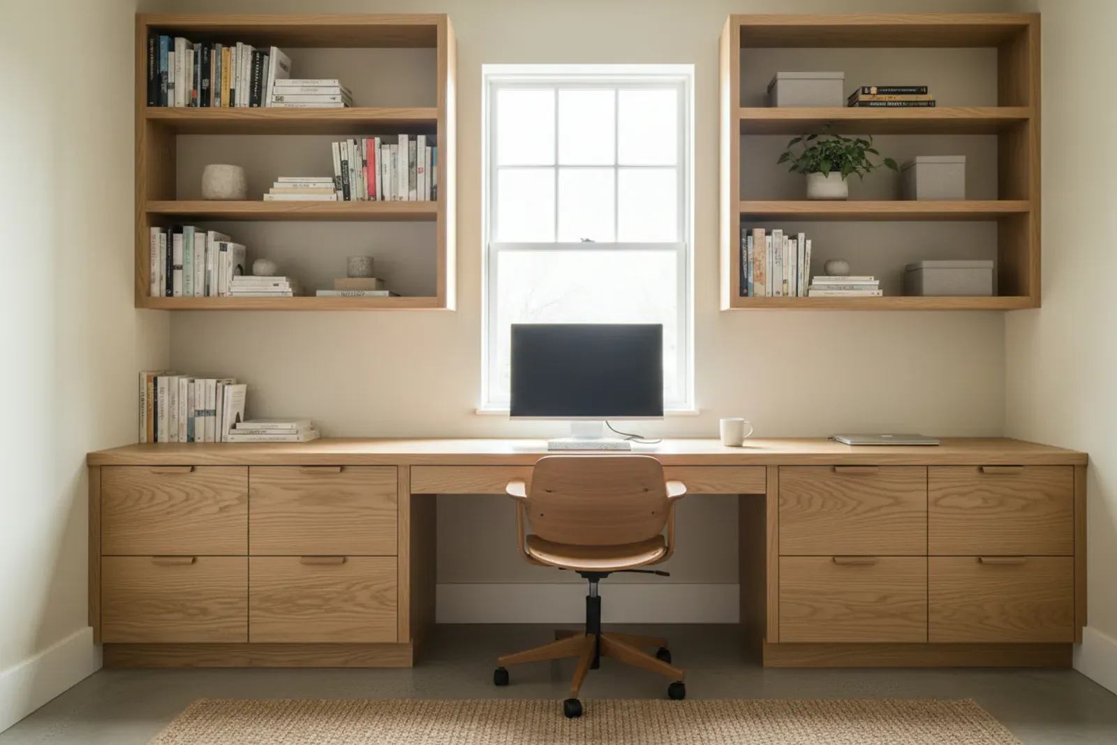Built-in wooden home office desk with shelving above it by a window