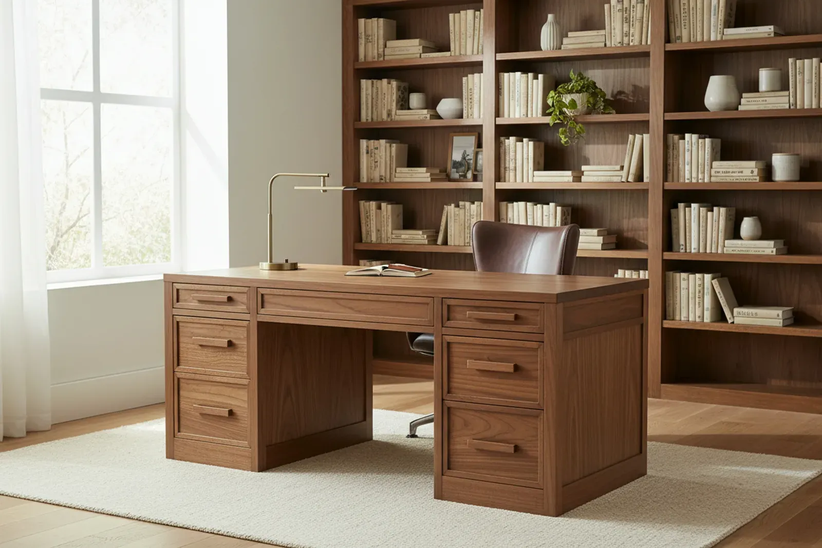 Walnut desk with drawers in a bright study