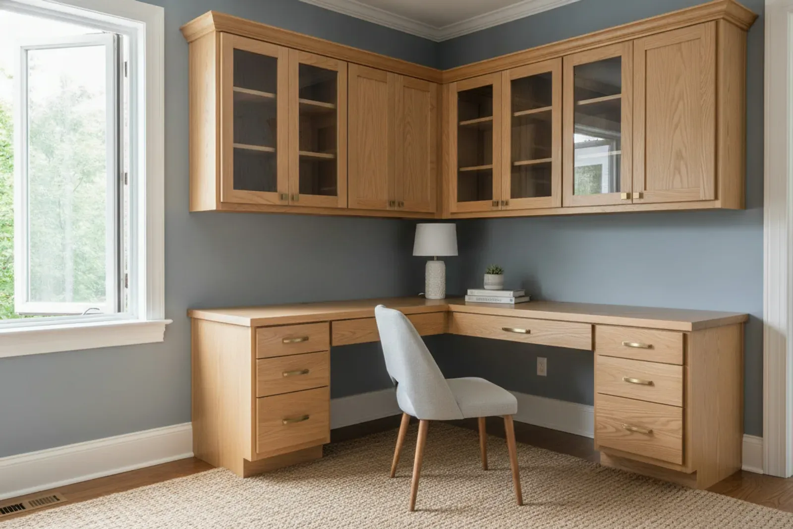 Corner built-in desk with upper cabinets