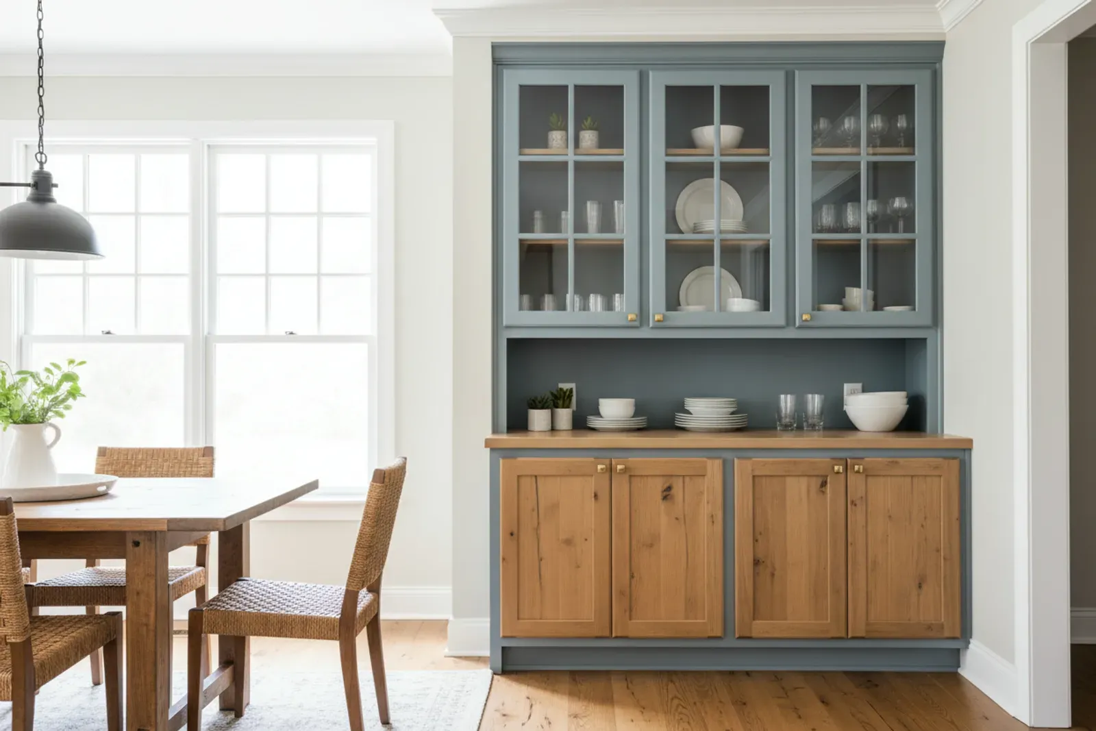 Painted inset hutch with glass upper doors