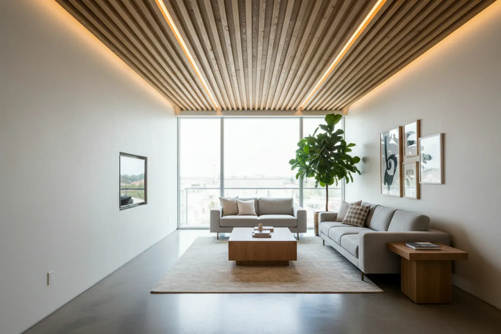 Room where LED strips glow from reveals in wooden ceiling millwork