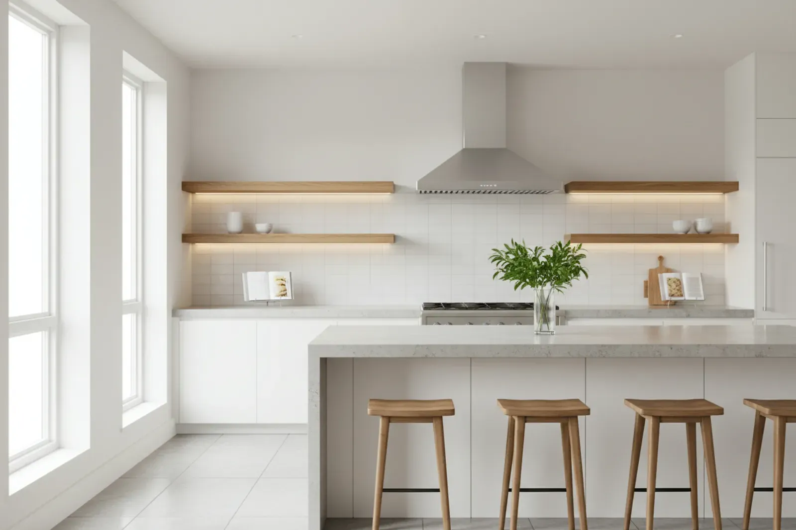 Kitchen with LED lighting under floating wood shelving