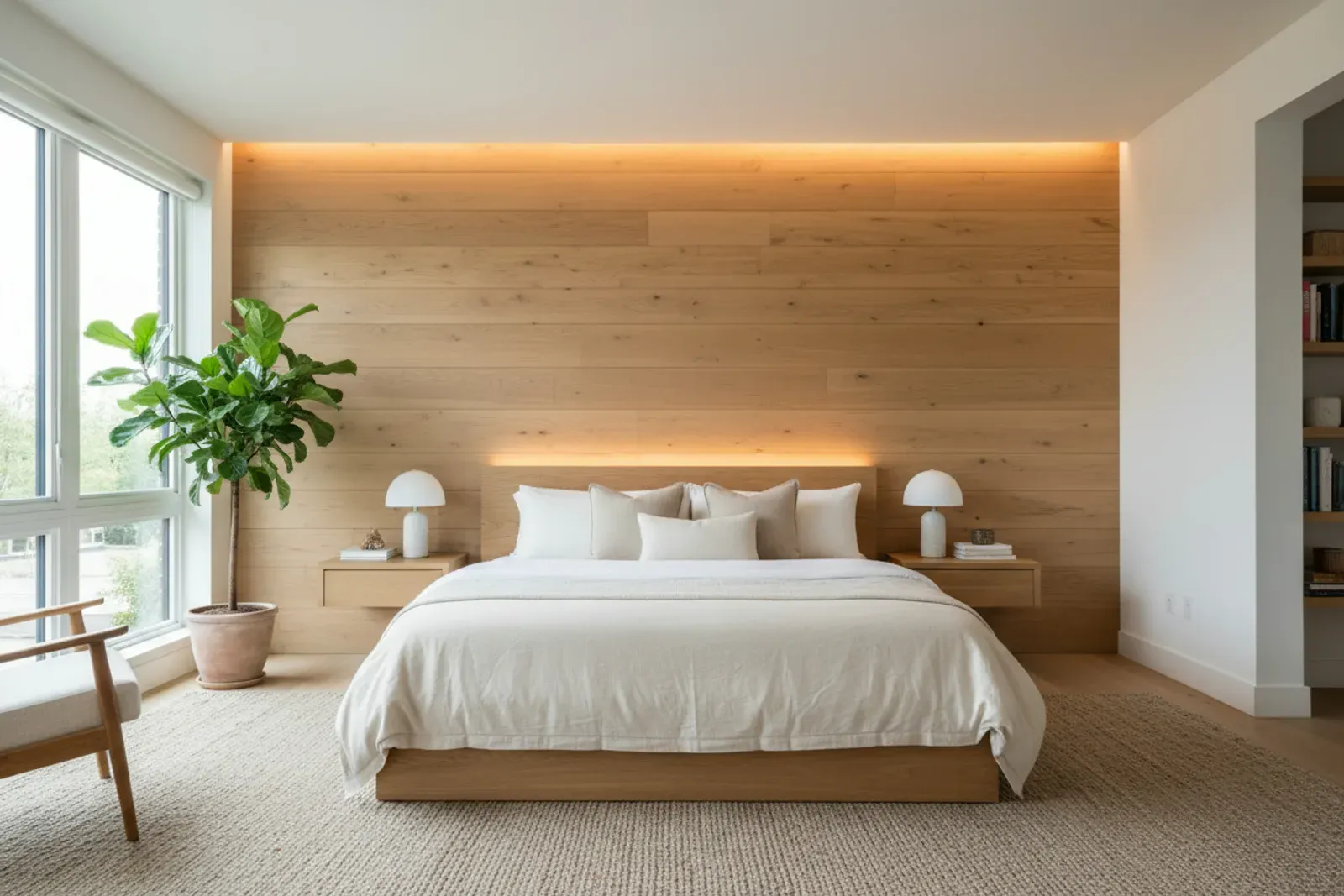 Bedroom with a backlit wood panelled headboard wall