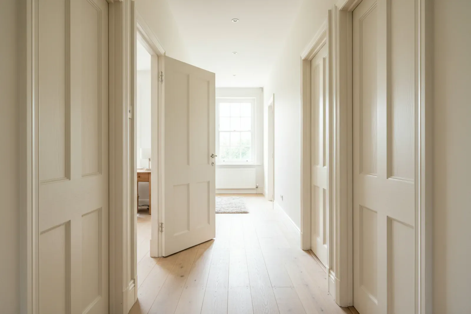 Bright hallway lined with panelled interior doors, one standing open