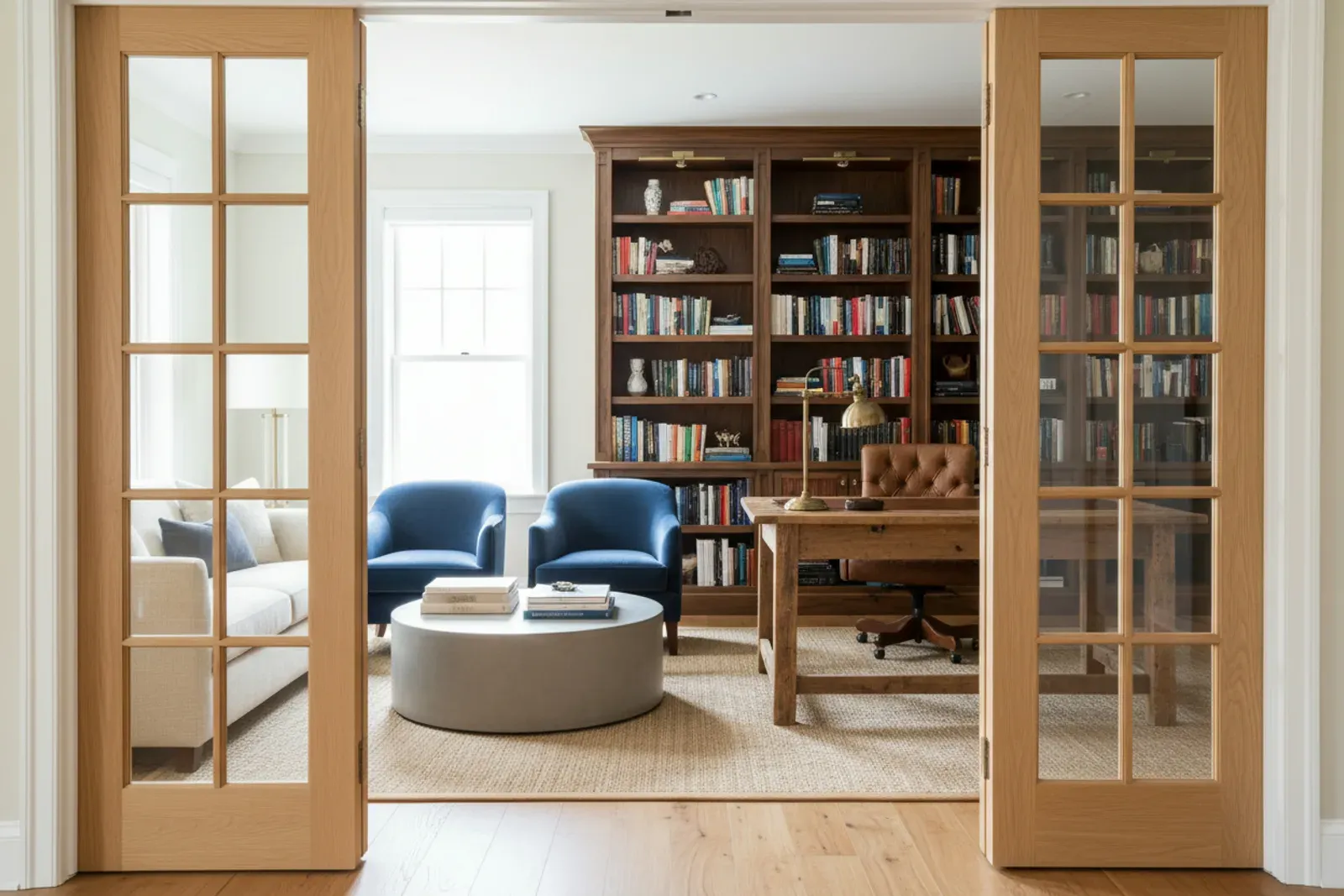 Pair of french doors between a living room and a study