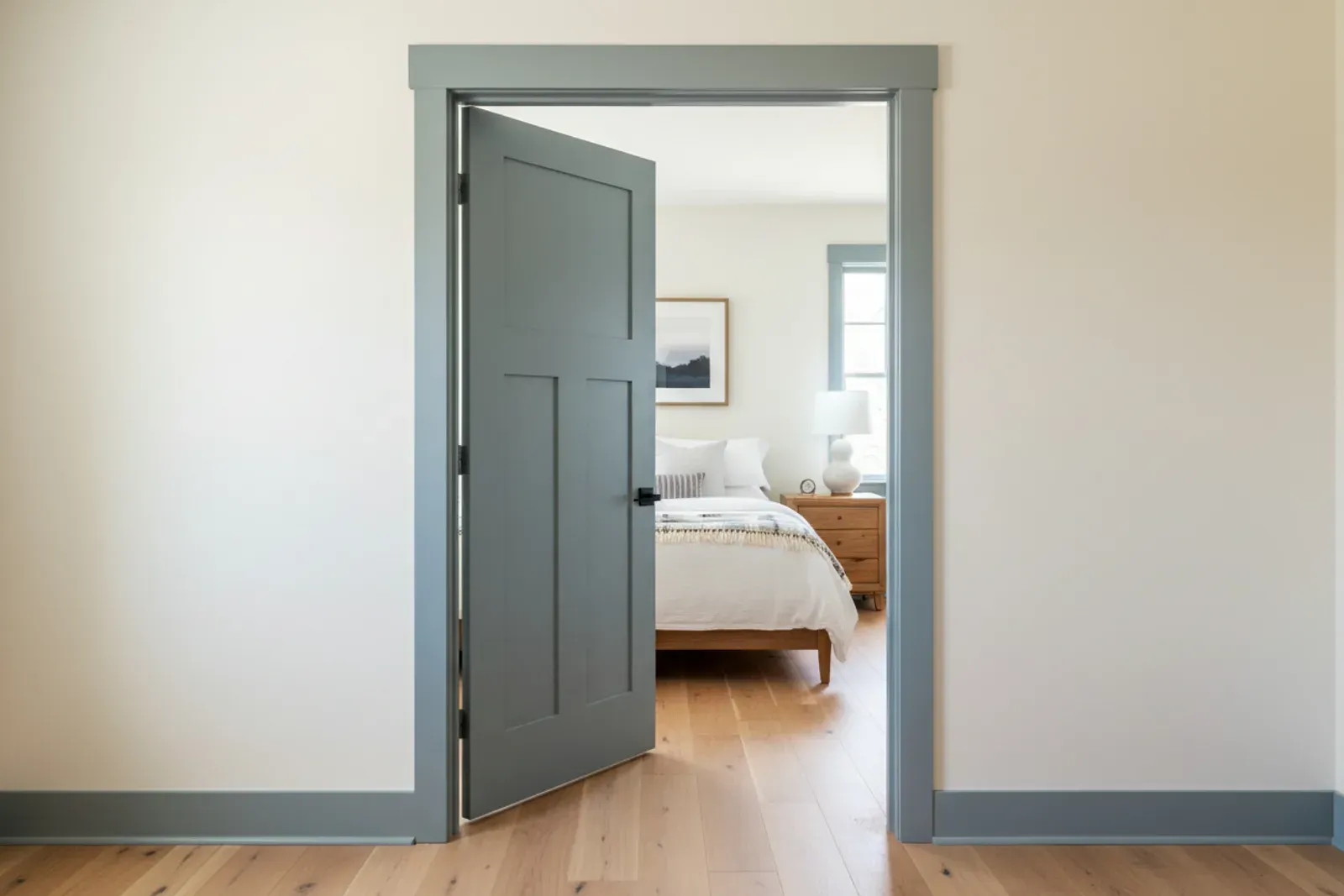 Bedroom doorway with a painted shaker door and casing