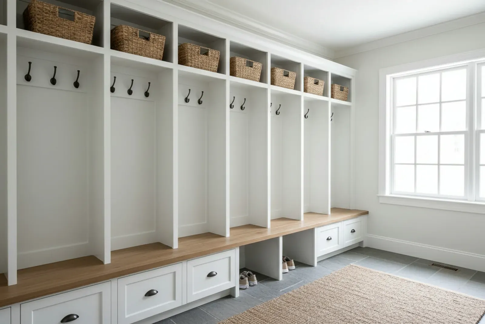 Mudroom of built-in wooden lockers with a bench and coat hooks painted soft white