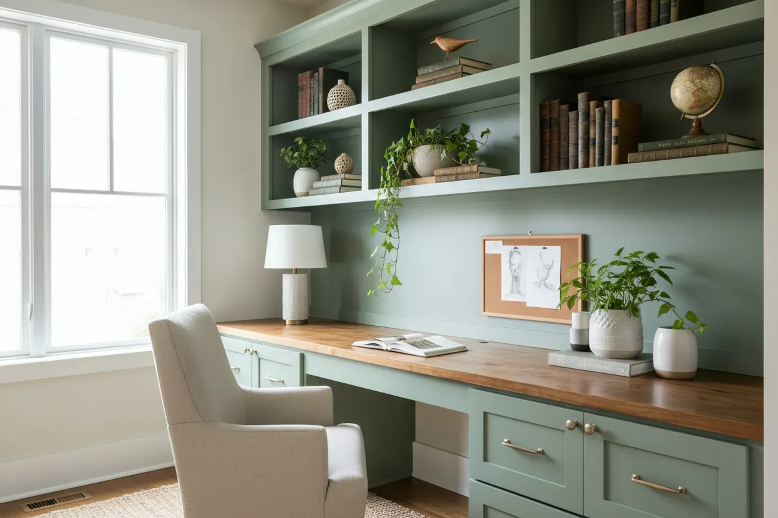 Home office with a built-in desk and upper shelving in painted sage green