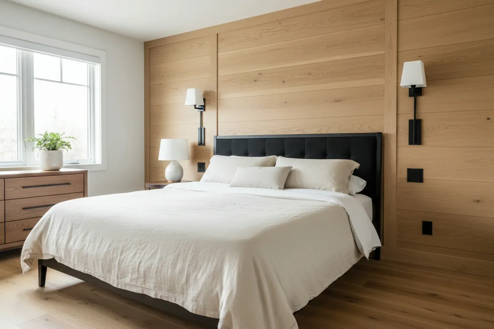 Bedroom wall of board and batten panelling behind the bed in white oak with black hardware