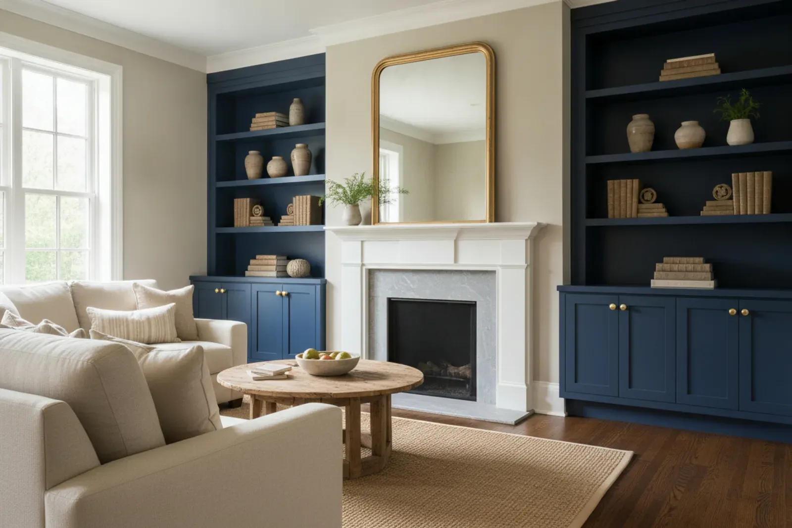 Living room with built-in cabinets and shelving flanking a fireplace in painted navy with brass hardware