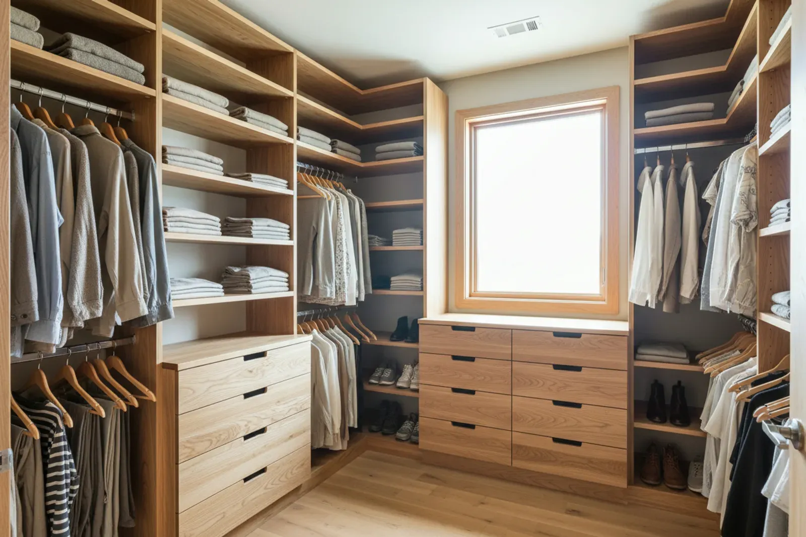 Walk-in closet of wood shelving, hanging rods and drawer banks in natural maple