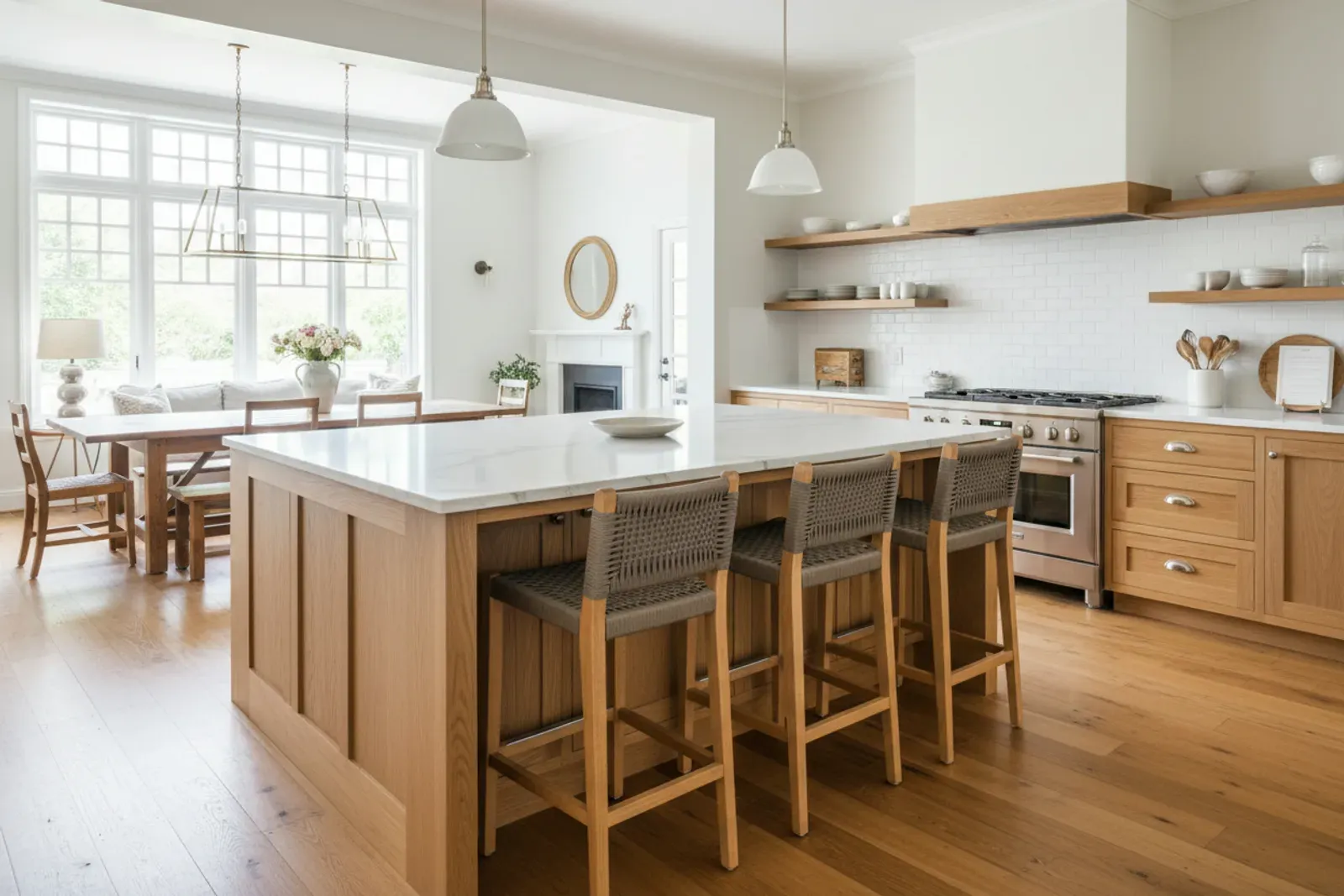 Kitchen island of cabinetry with a seating overhang and stools