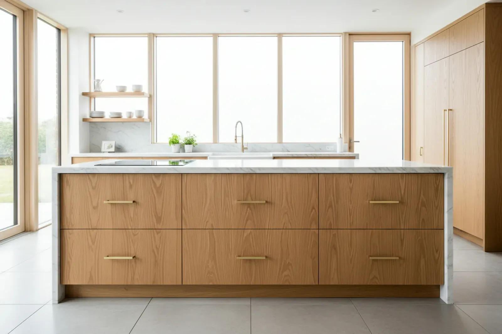 Kitchen island with drawer banks on the working side