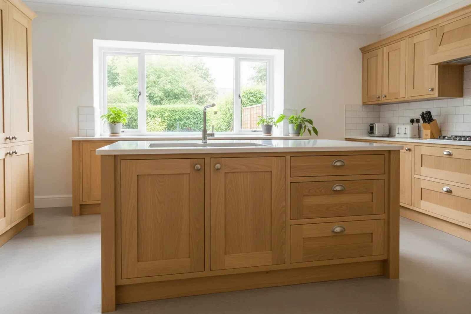 Large island with a prep sink and cabinets beneath it