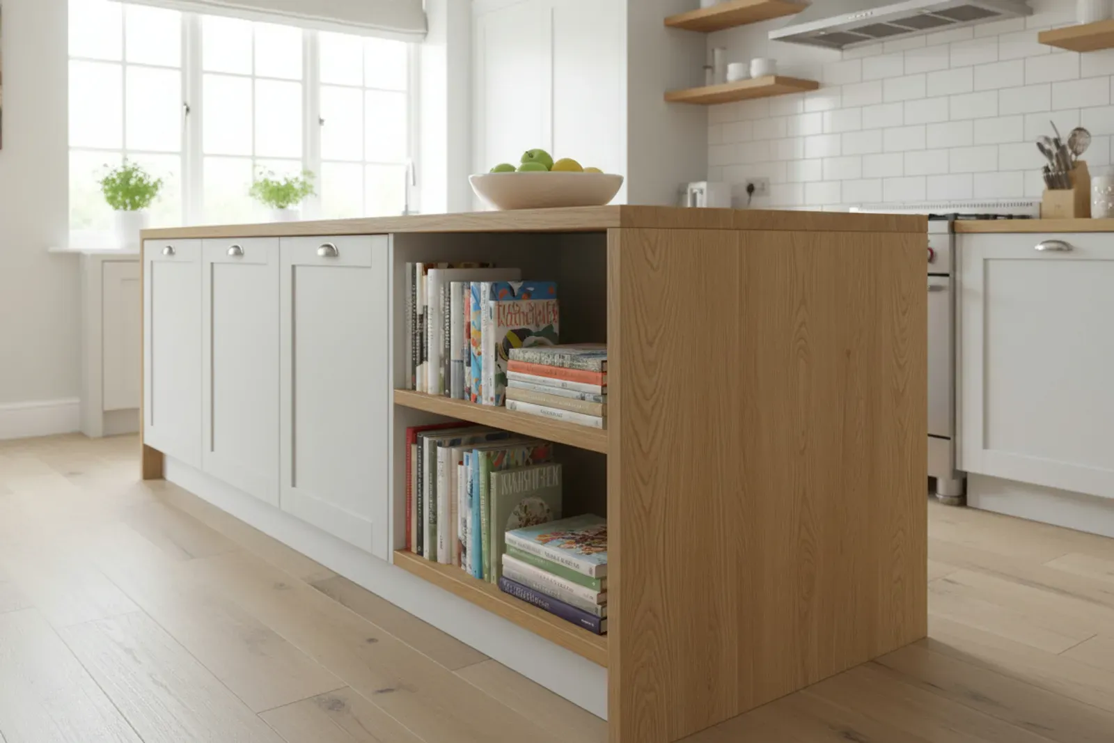 Kitchen island with open shelving on the end for cookbooks