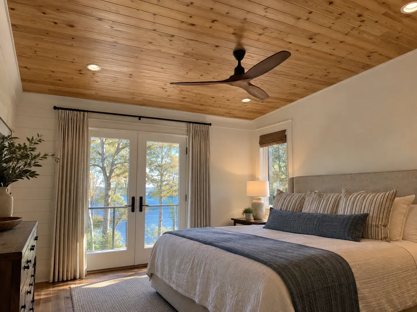 Knotty pine tongue and groove bedroom ceiling with a wood blade fan above French doors to a water view balcony