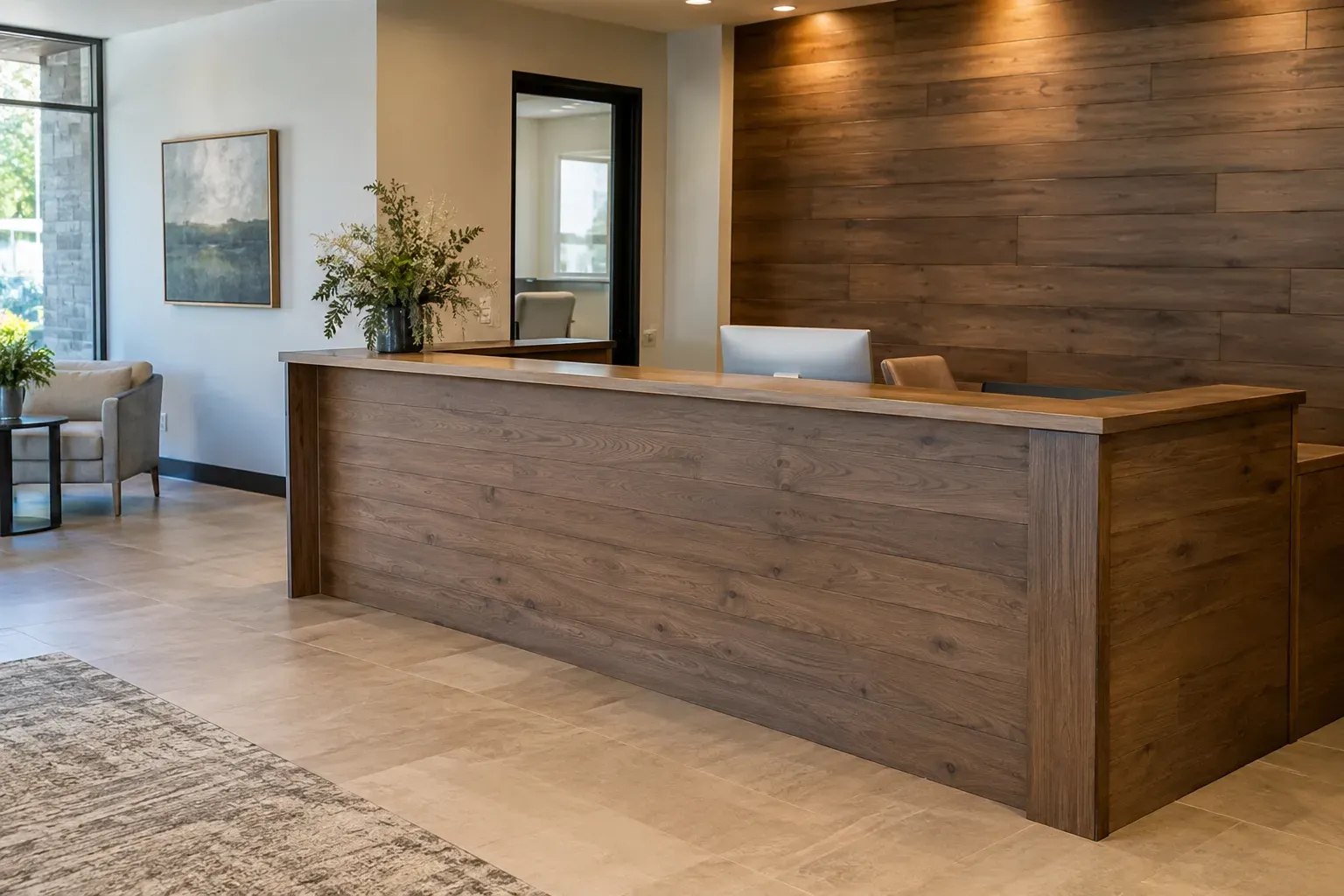 L-shaped reception counter wrapped in horizontal wood planks in front of a matching plank accent wall