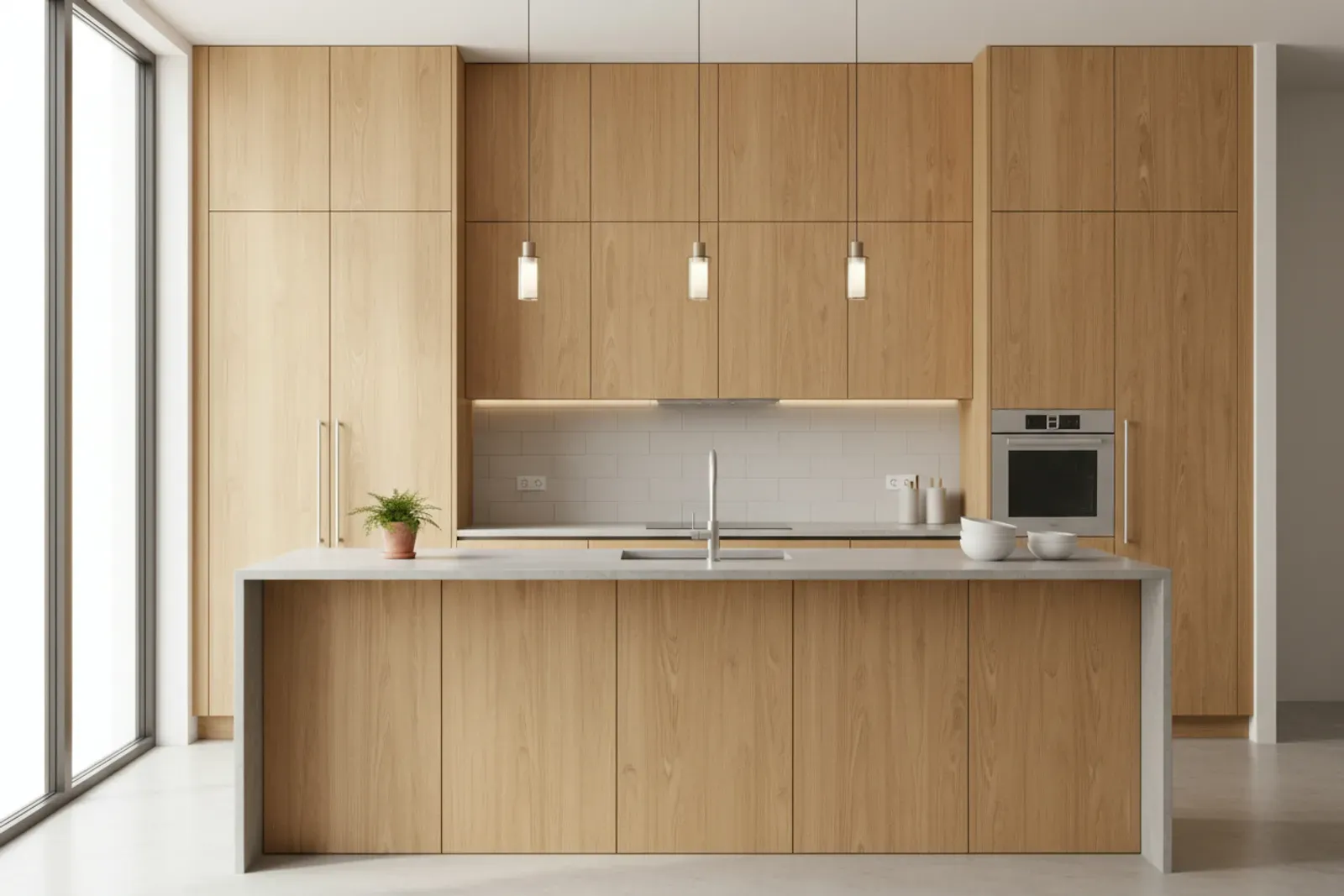 Modern kitchen with flat slab laminate cabinet fronts and no visible hardware