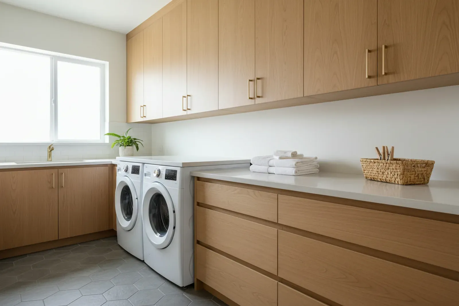 Laundry room with cabinets above the washer and dryer and a folding counter