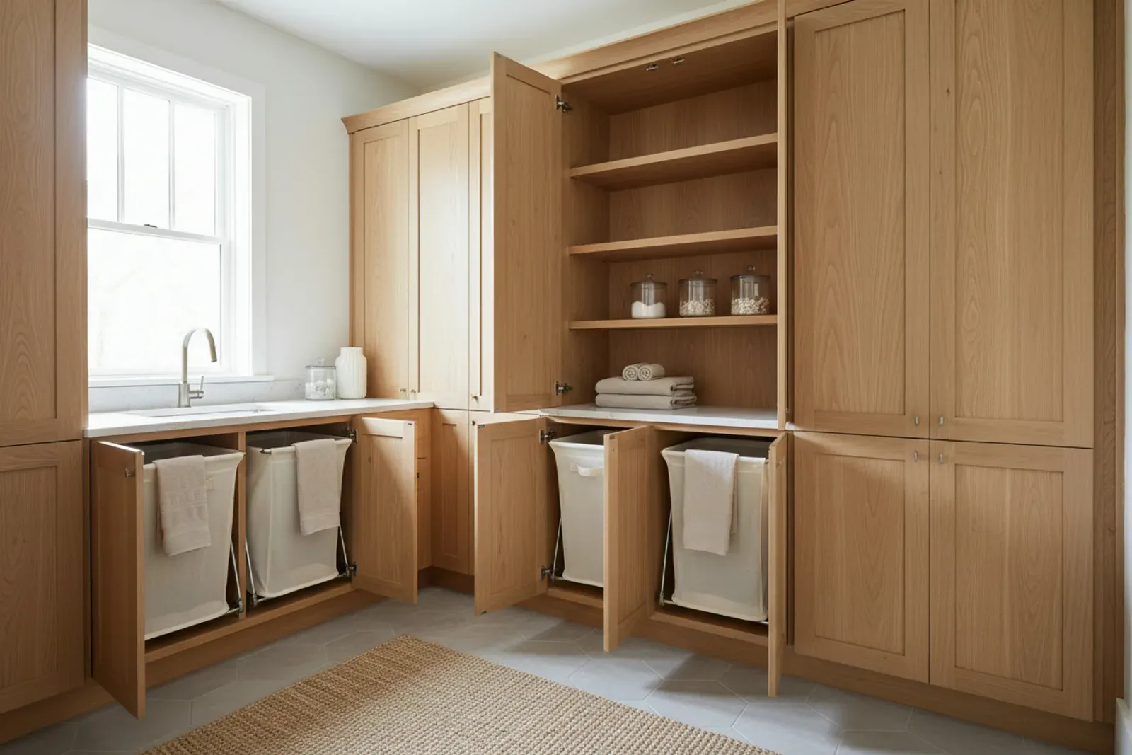 Tall laundry cabinets with pull out hampers