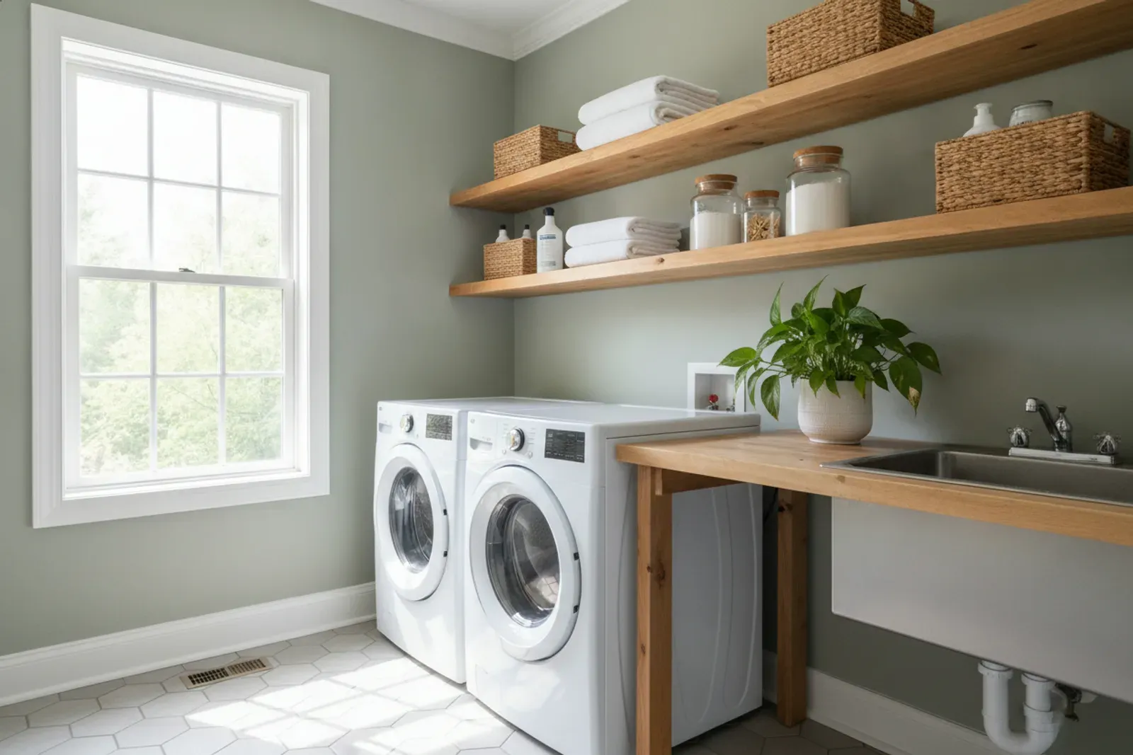 Laundry room with open shelving above a counter