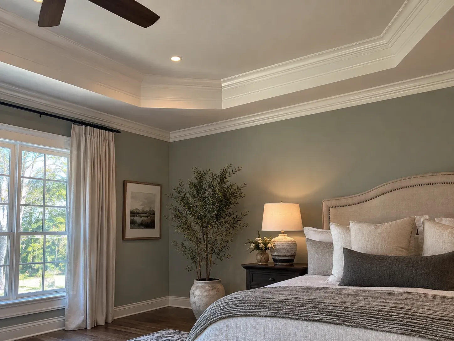 Layered white crown molding outlining a tray ceiling above a sage green bedroom with an upholstered headboard