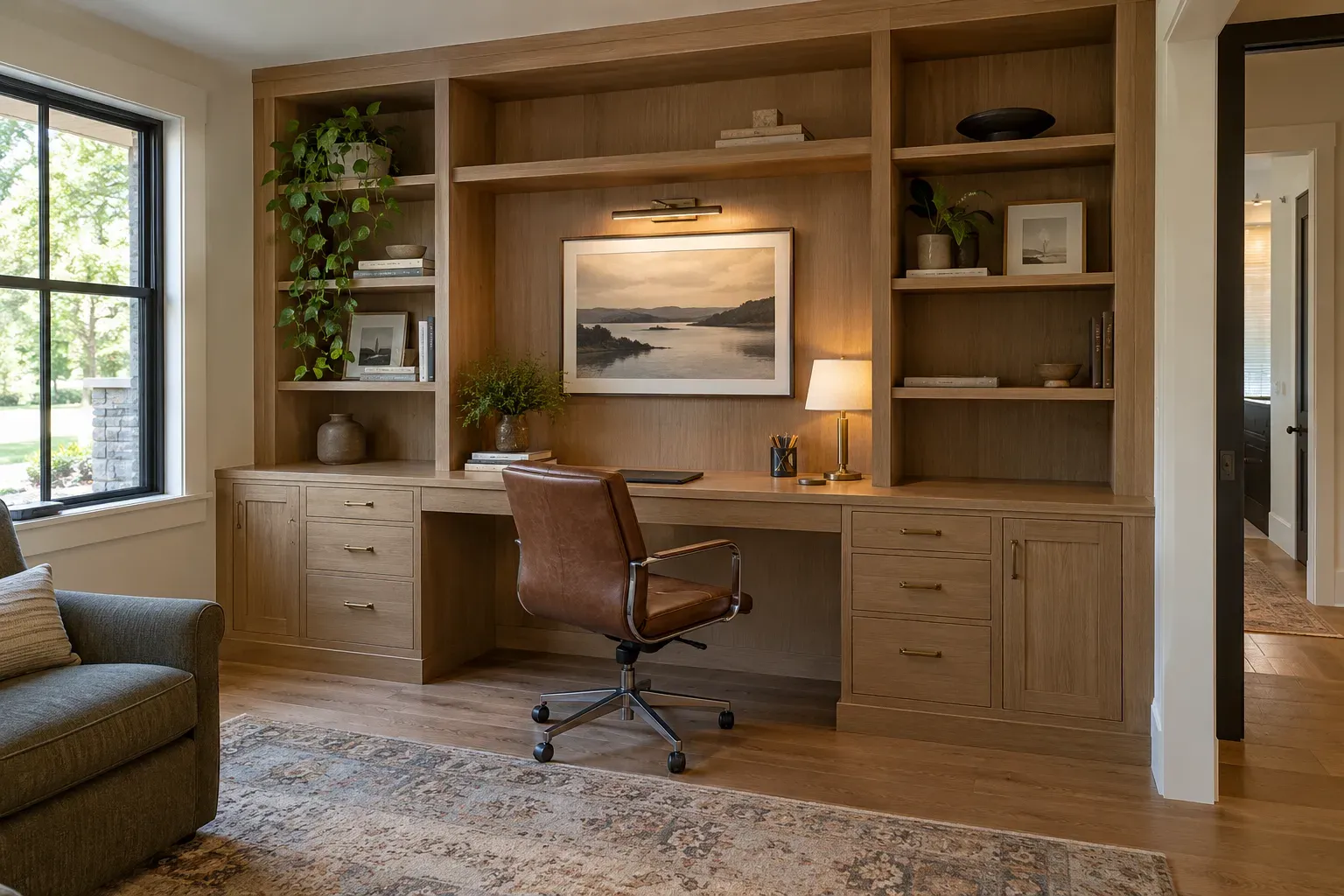 Light oak built-in desk wall with drawer banks, open shelving and a leather office chair