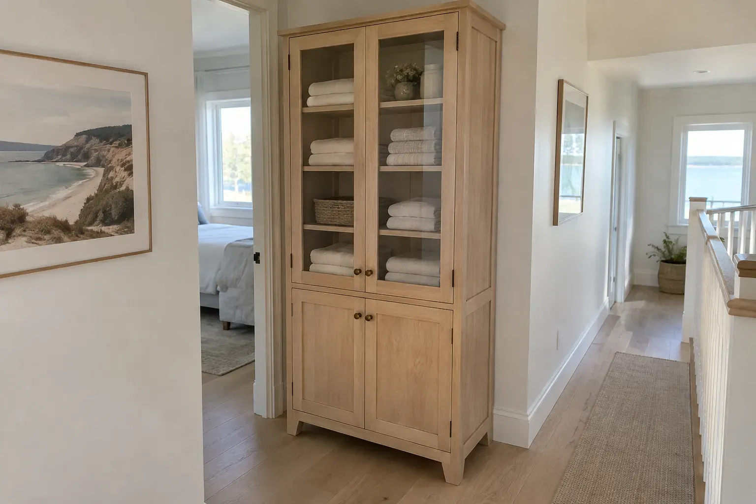 Light oak freestanding linen cabinet with glass upper doors holding folded towels in an upstairs hallway