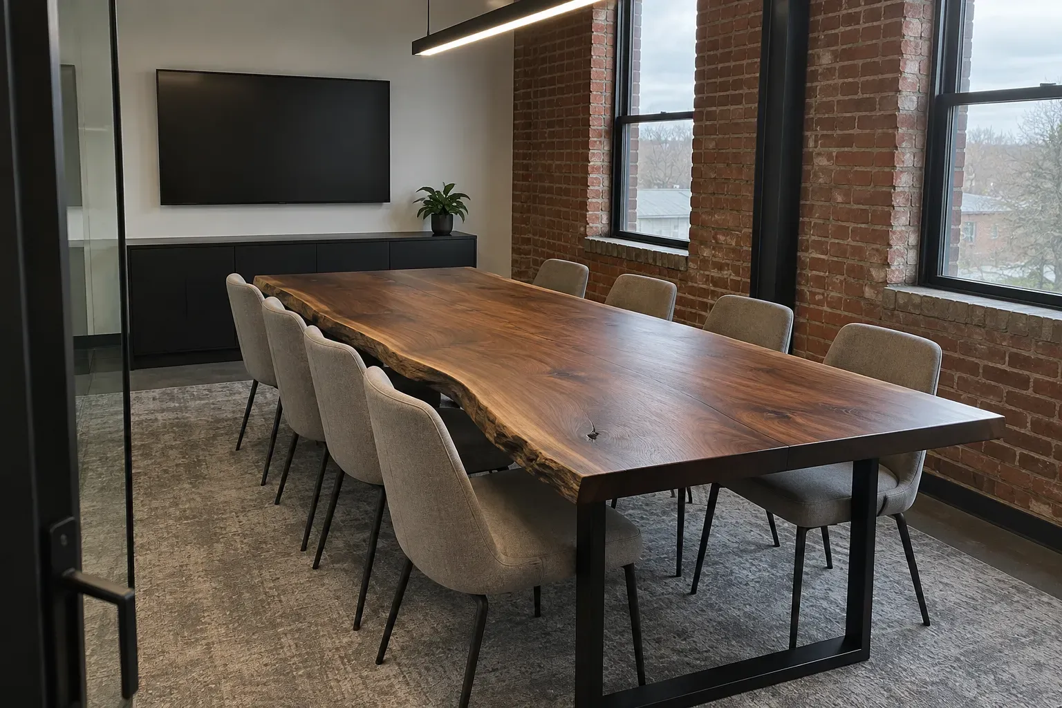Live edge walnut conference table on a black steel base in a brick-walled meeting room with a wall-mounted TV