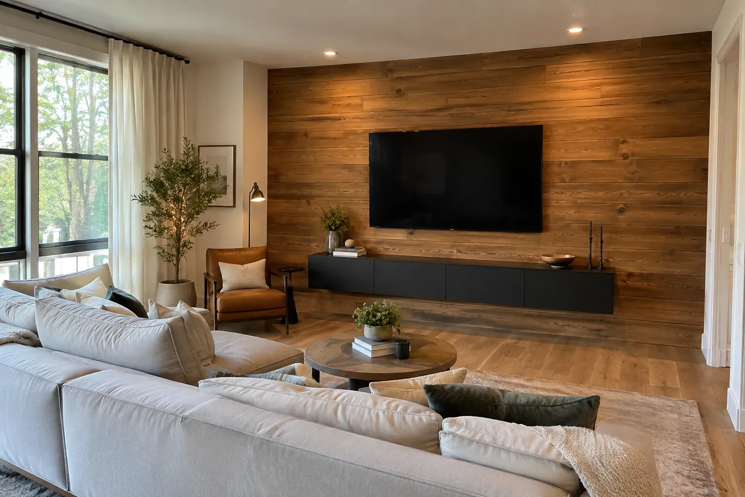 Living room accent wall of horizontal stained wood planks behind a mounted TV and floating black media console