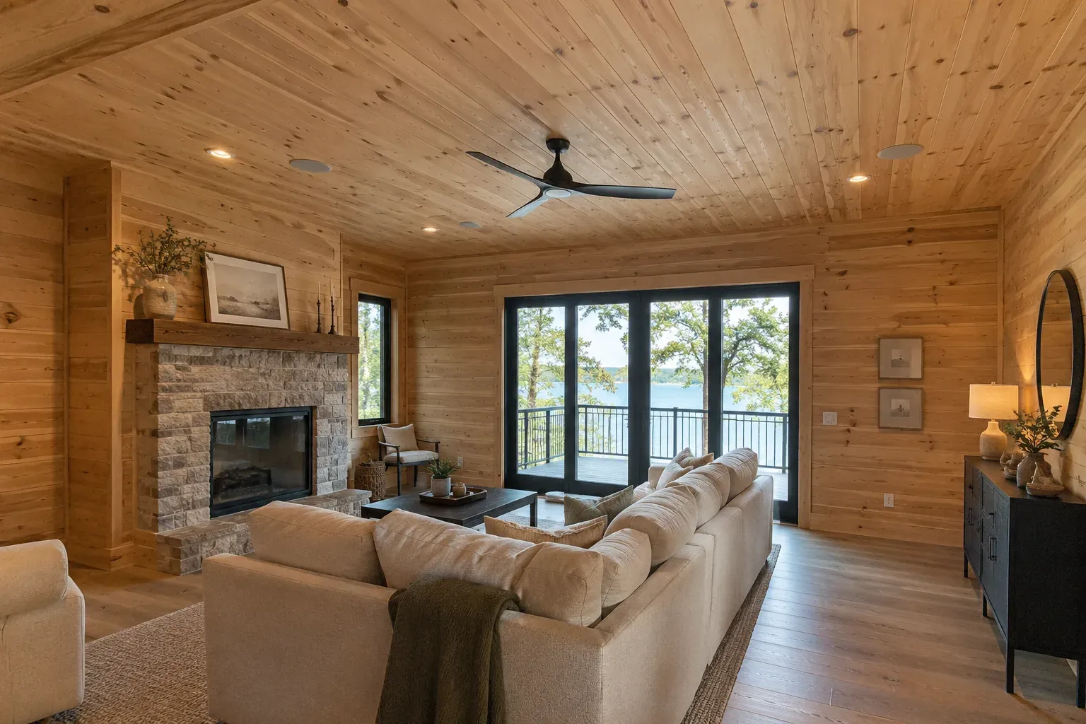 Living room clad in light pine plank walls and ceiling with a stone fireplace and glass doors to a lake deck