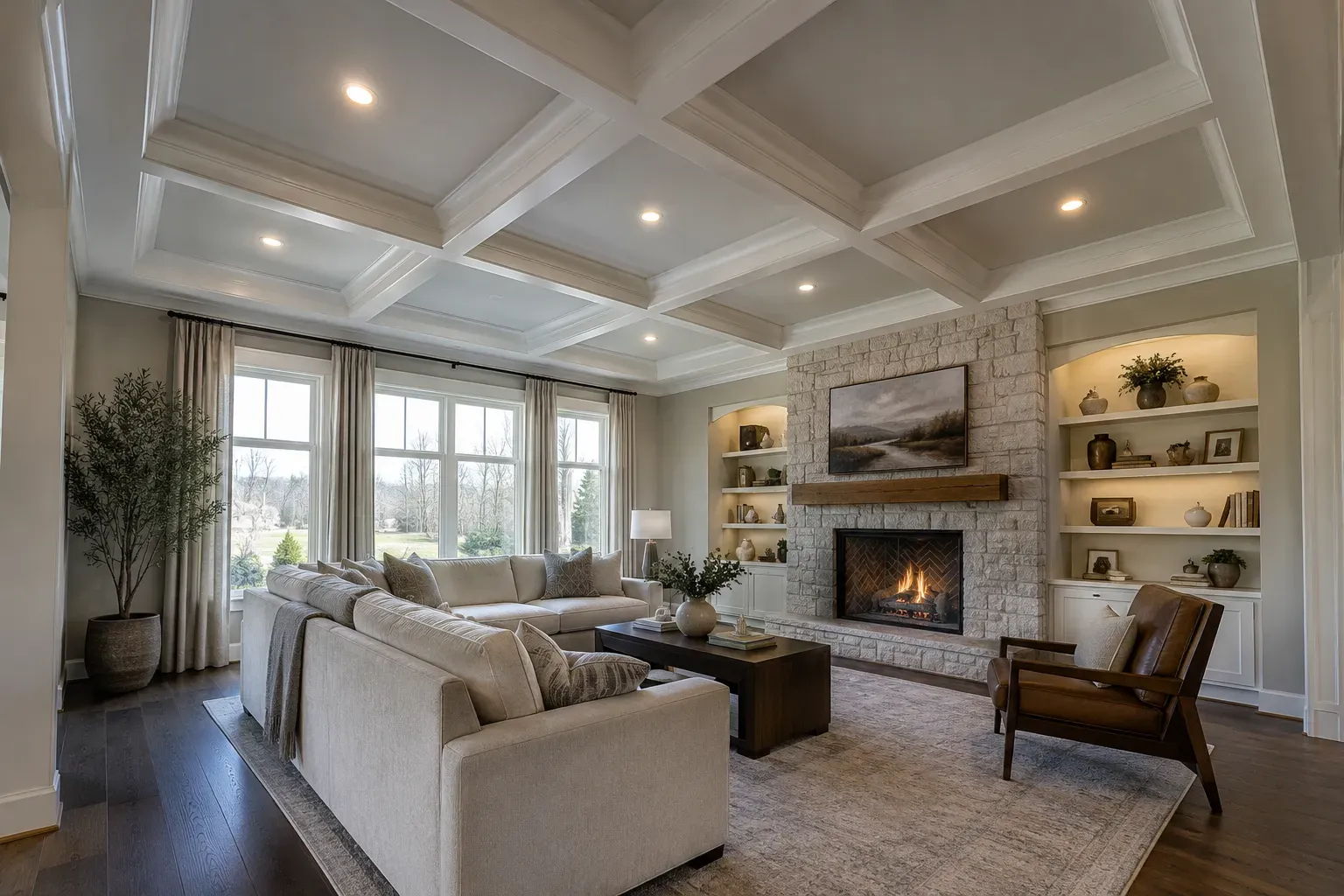 Living room with a white coffered ceiling, recessed lights, stone fireplace and lit built-in shelving
